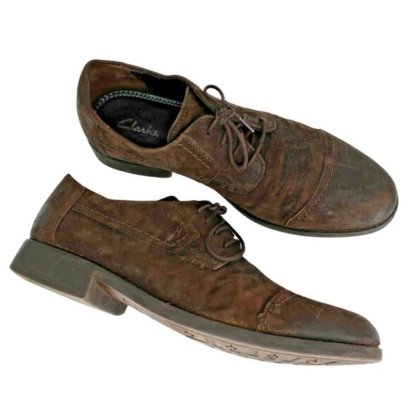 Mens Clarks Dark Brown Leather Oxfords sz 9 M Lace Up Casual Shoes Cap Toe - Picture 3 of 9